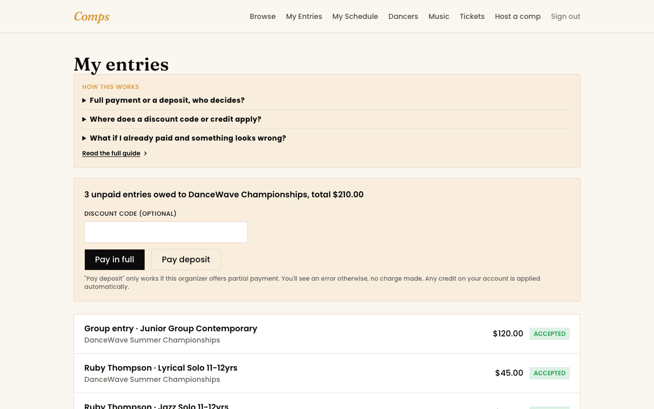 An entry on My Entries showing its confirmed status and details.