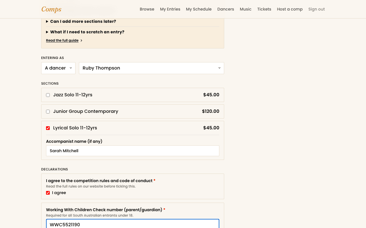 The declarations section of the entry form, showing a required checkbox and a text field.