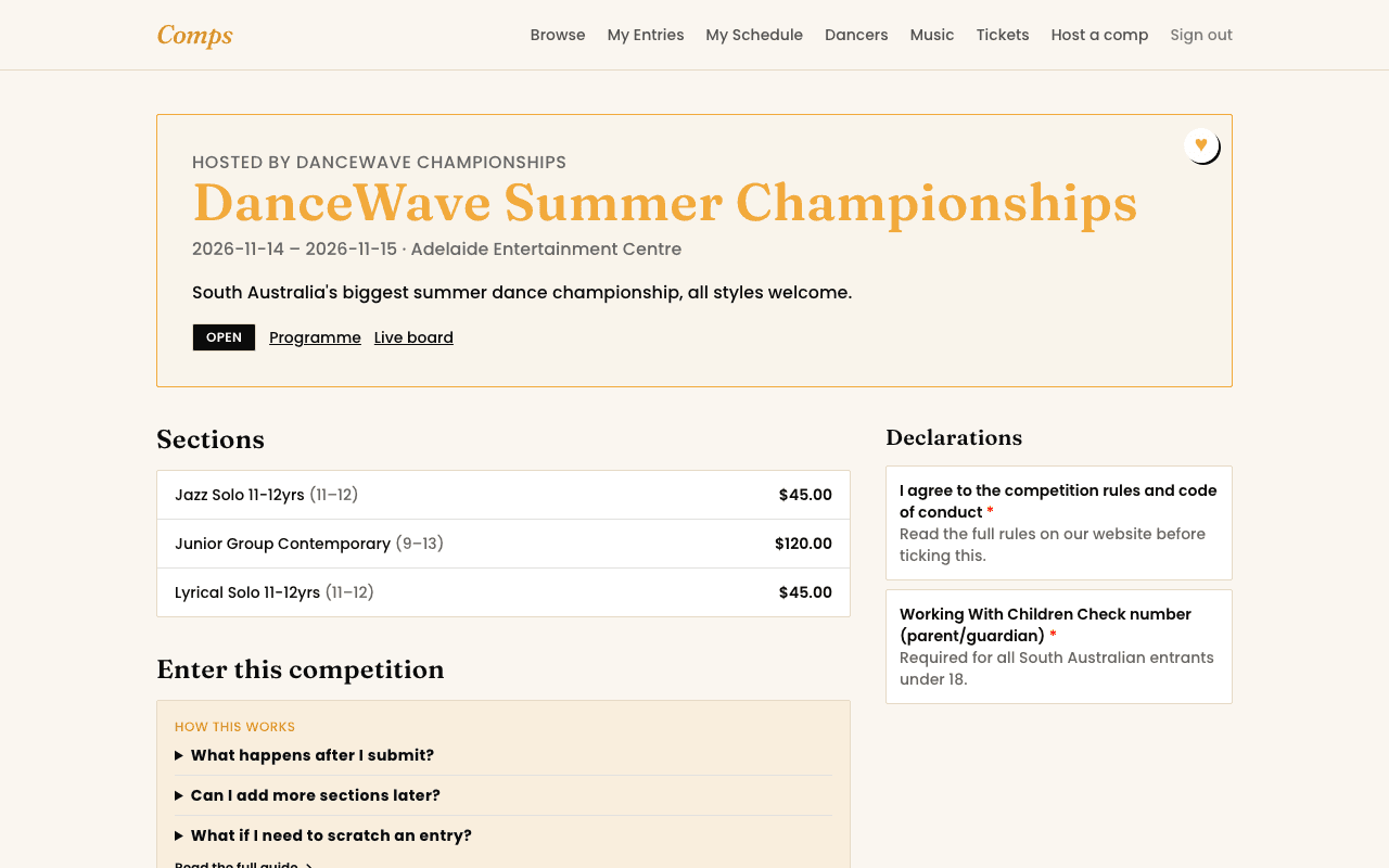 A competition's own page, showing sections priced individually and the group's declarations sidebar.