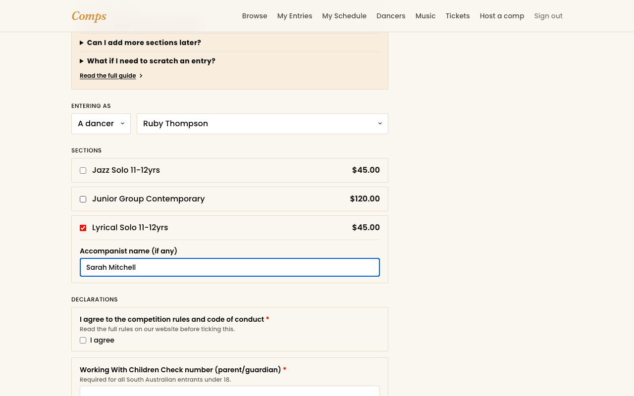 The entry form with several sections selected and a declaration checkbox visible.