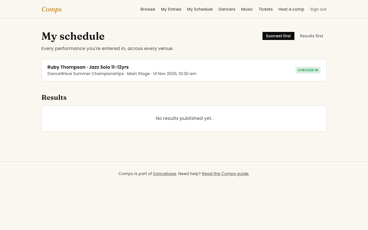 An entry on My Schedule showing a 'Checked in' status badge.