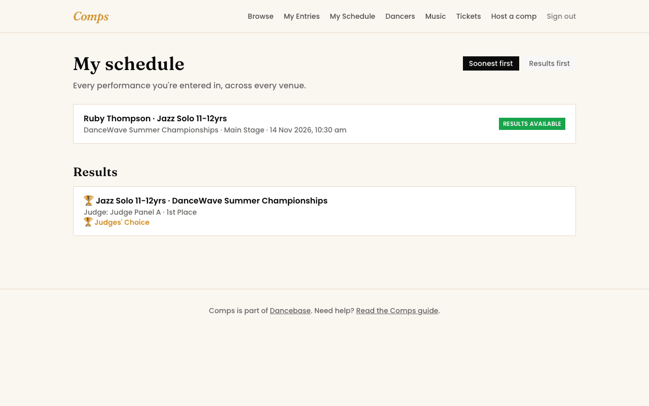 A published result on My Schedule showing a placement and a downloadable report link.