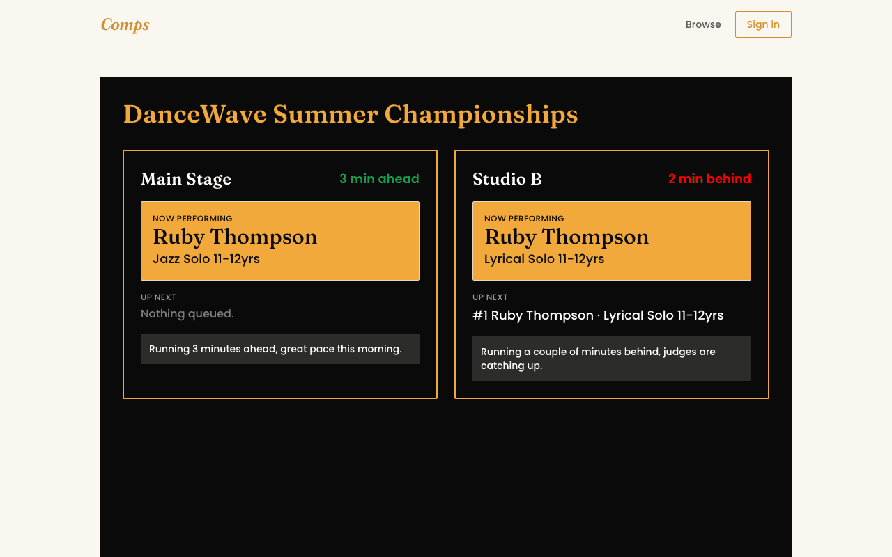 The public Event Board showing two venue cards with current performer and running-order status.