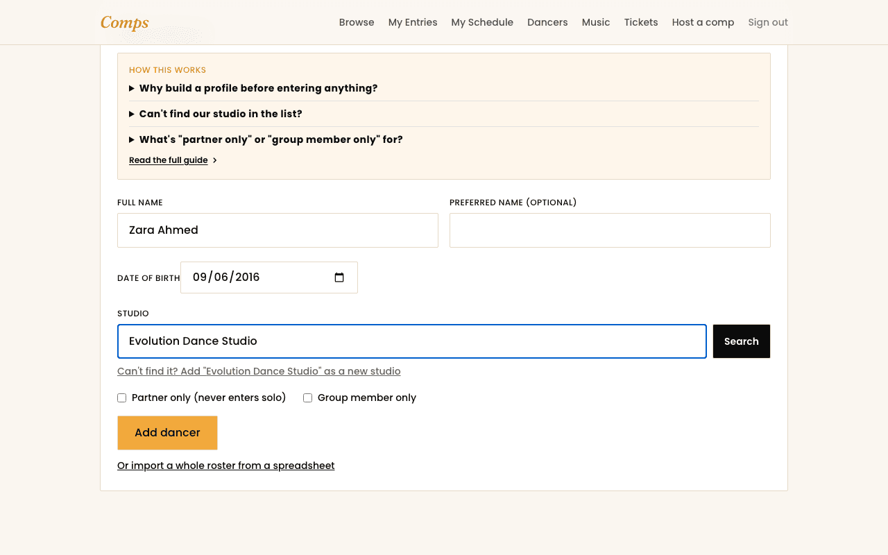 The Add a Dancer form, showing name, date of birth, and studio search fields.