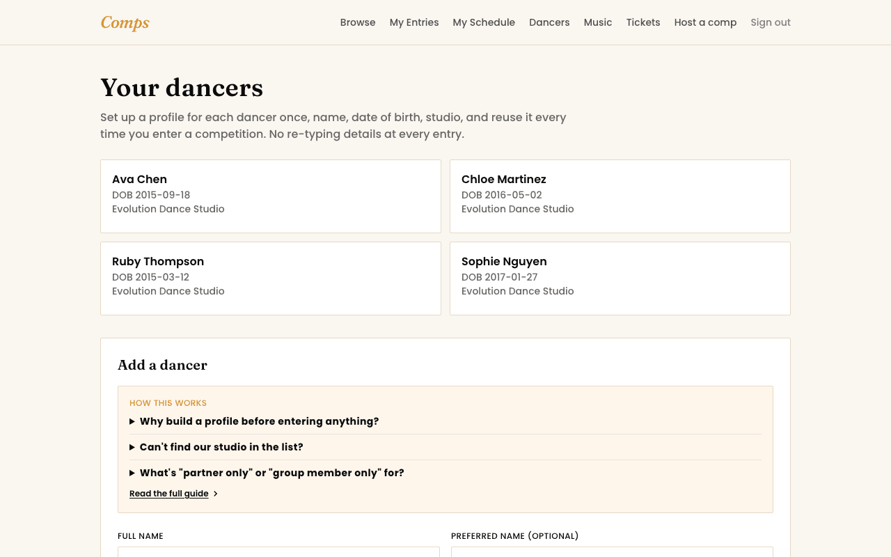 The Dancers list page, showing several saved dancer profiles.