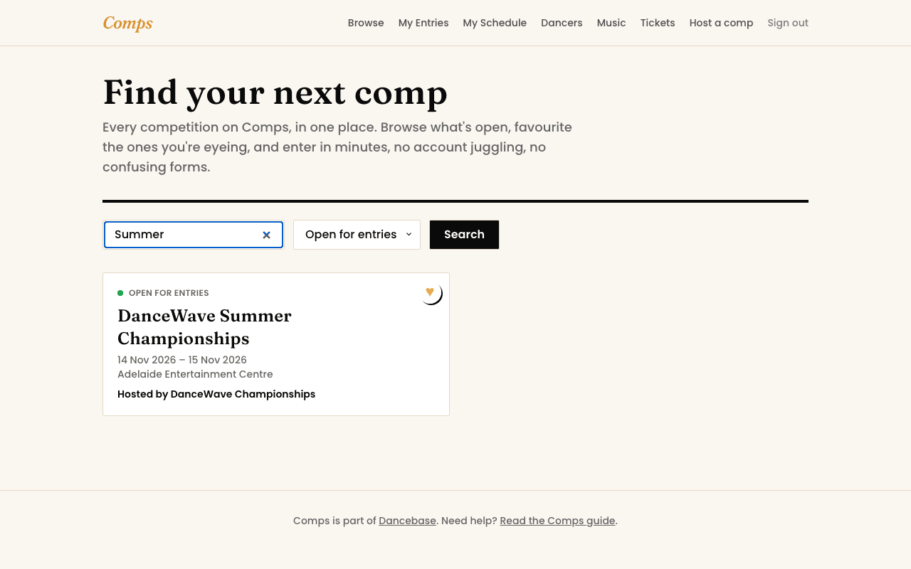 The Comps browse page with the search bar and status filter dropdown visible.
