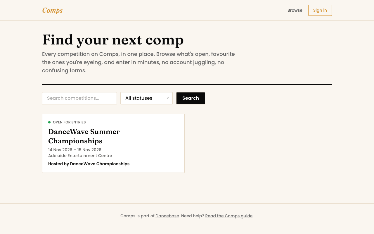 The Comps home page, showing the search bar and browse list of open competitions.
