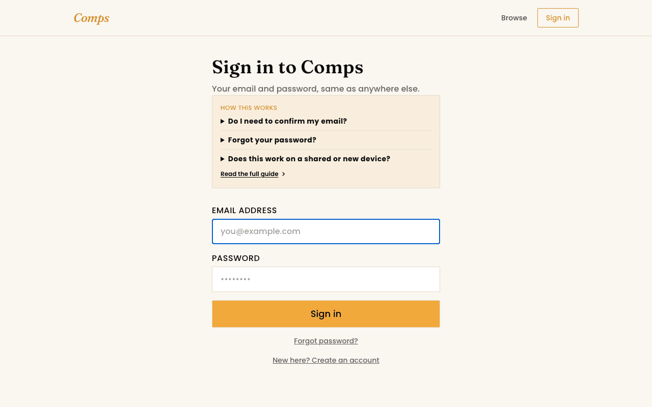 The sign-in screen, showing the email and password fields.