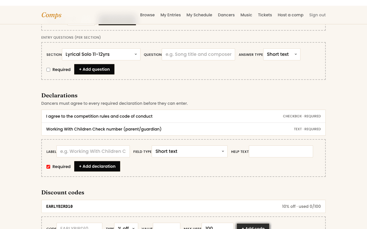 The discount code creation form, showing code, amount, and date range fields.