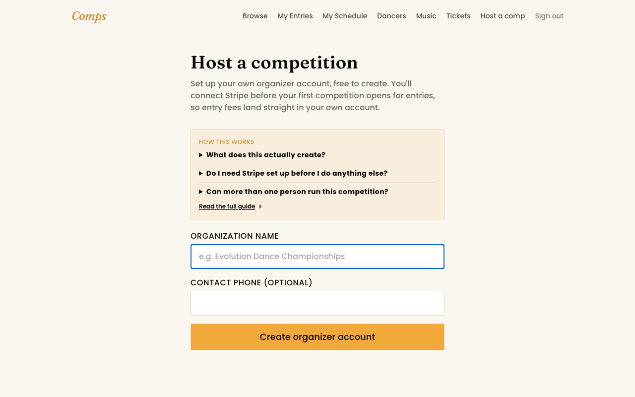 The Create organizer account form, showing the organization name and phone fields.