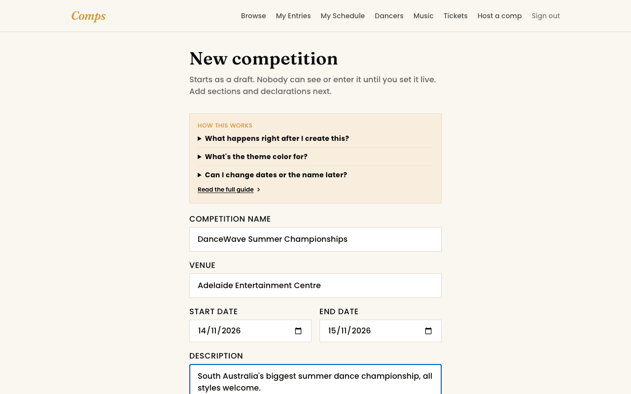 A new competition's setup page, still in draft, showing name, dates, and theme colour fields.