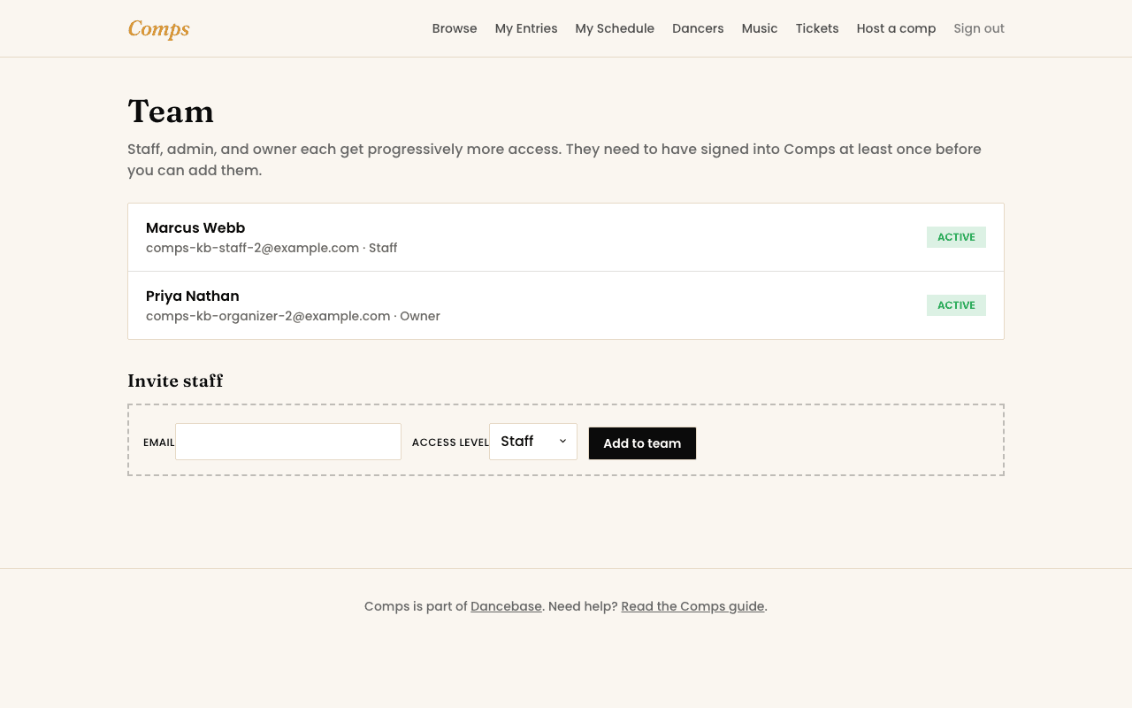 The staff invite form and a list of current team members with their tiers.