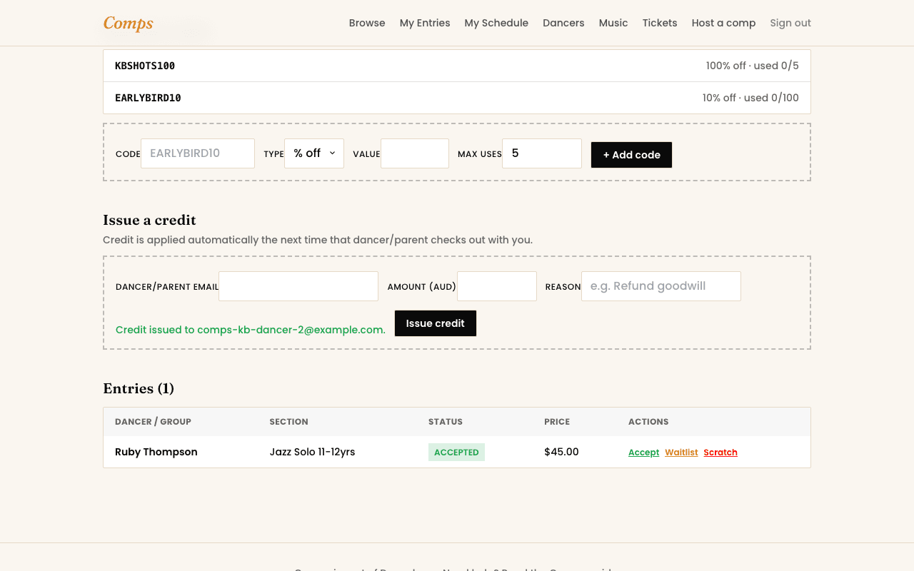The organizer entries table, showing several entries with status badges and action buttons.
