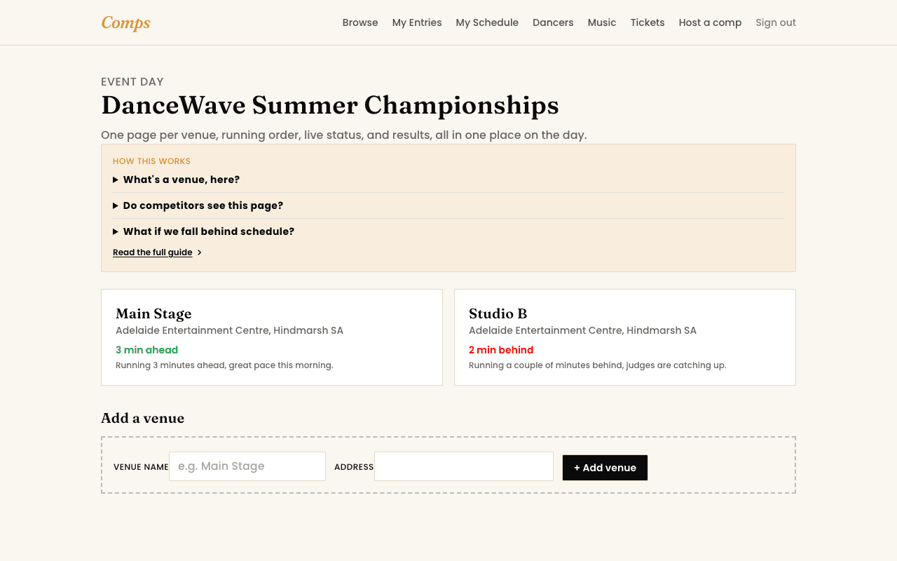 The Event Day hub page showing venue cards with their running-behind status.
