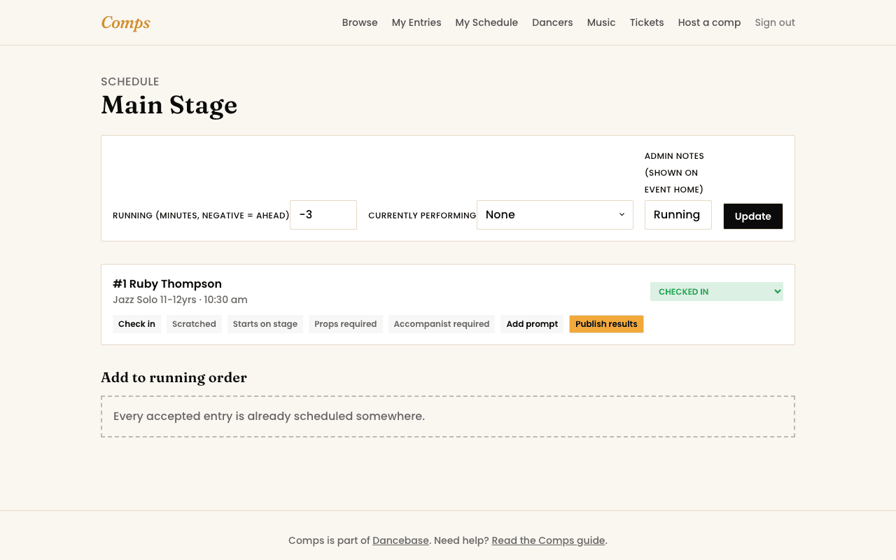 A venue's running order showing entries with status controls and a running-order timer.