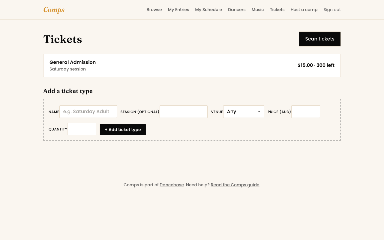 The ticket type creation form, showing name, price, and available quantity fields.