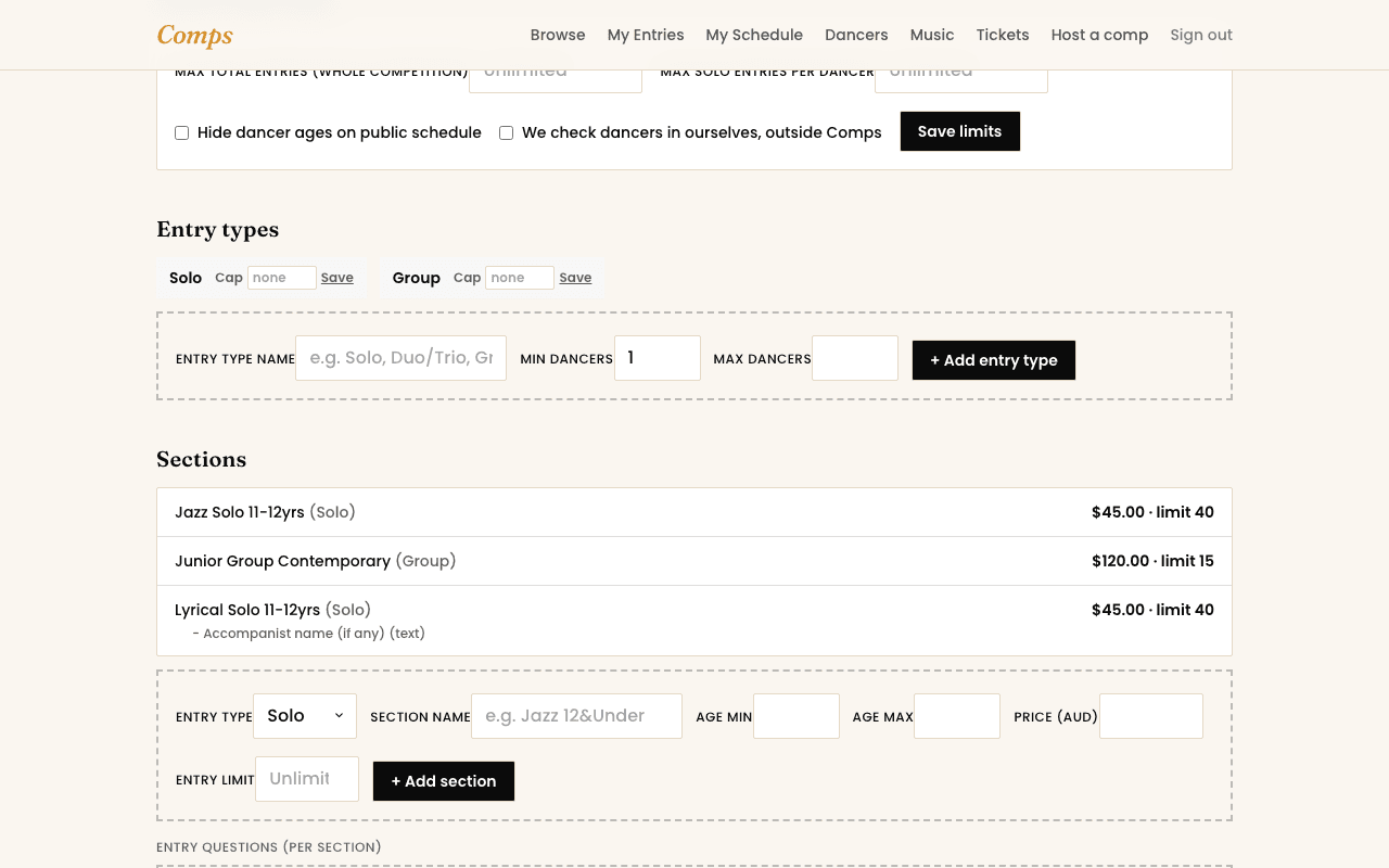 A section setup form showing name, age range, price, and an entry cap field.