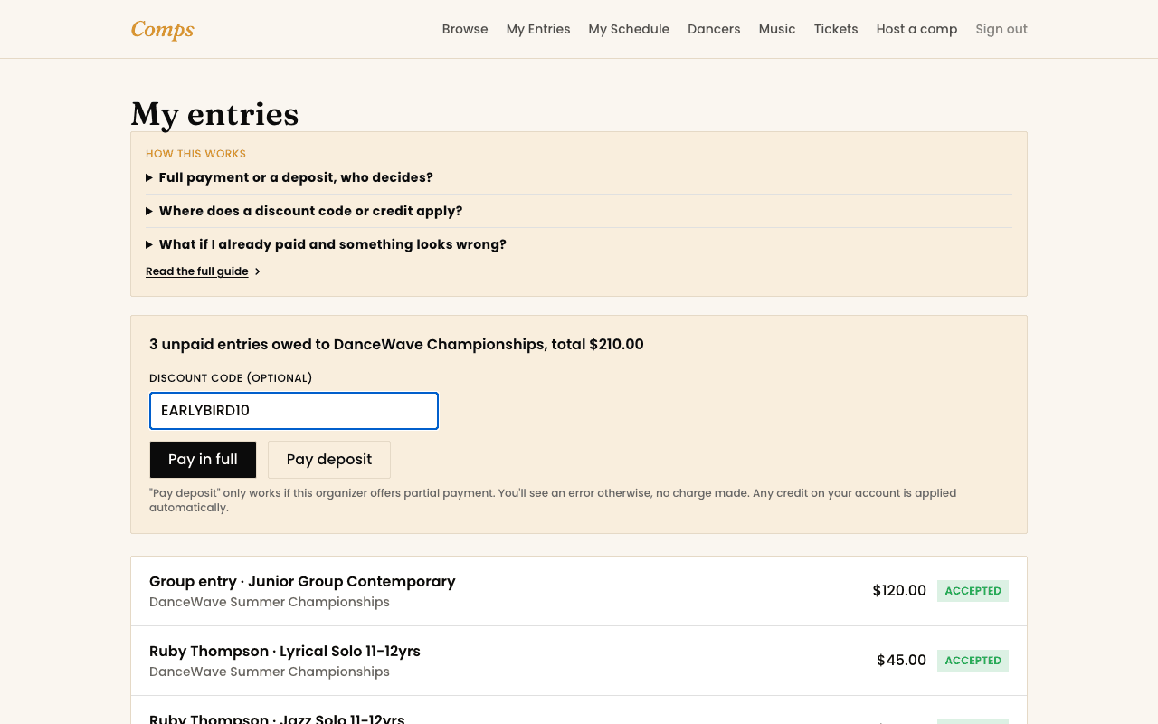 The payment panel, showing a discount code field and Pay in full / Pay deposit buttons.