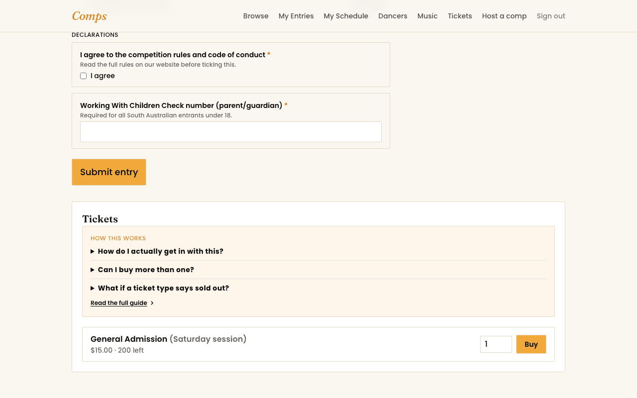 A competition page's ticket panel, showing a ticket type, price, and quantity selector.