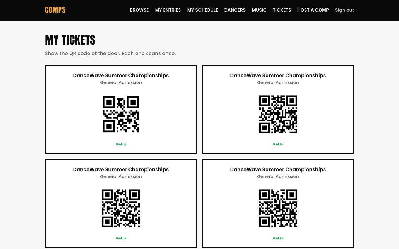 My Tickets showing a purchased ticket with its QR code.