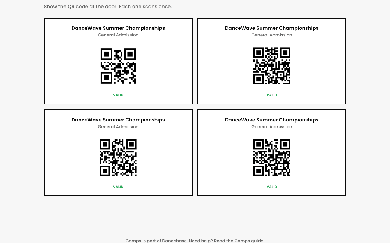 My Tickets showing several ticket QR codes from a single group purchase.