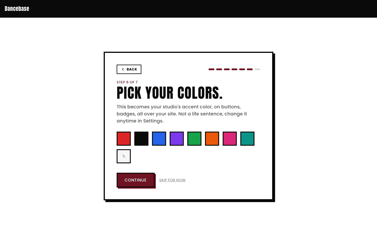Signup wizard color step, 'Pick your colors', showing eight preset color swatches (red, black, blue, purple, green, orange, pink, teal) and a custom color option