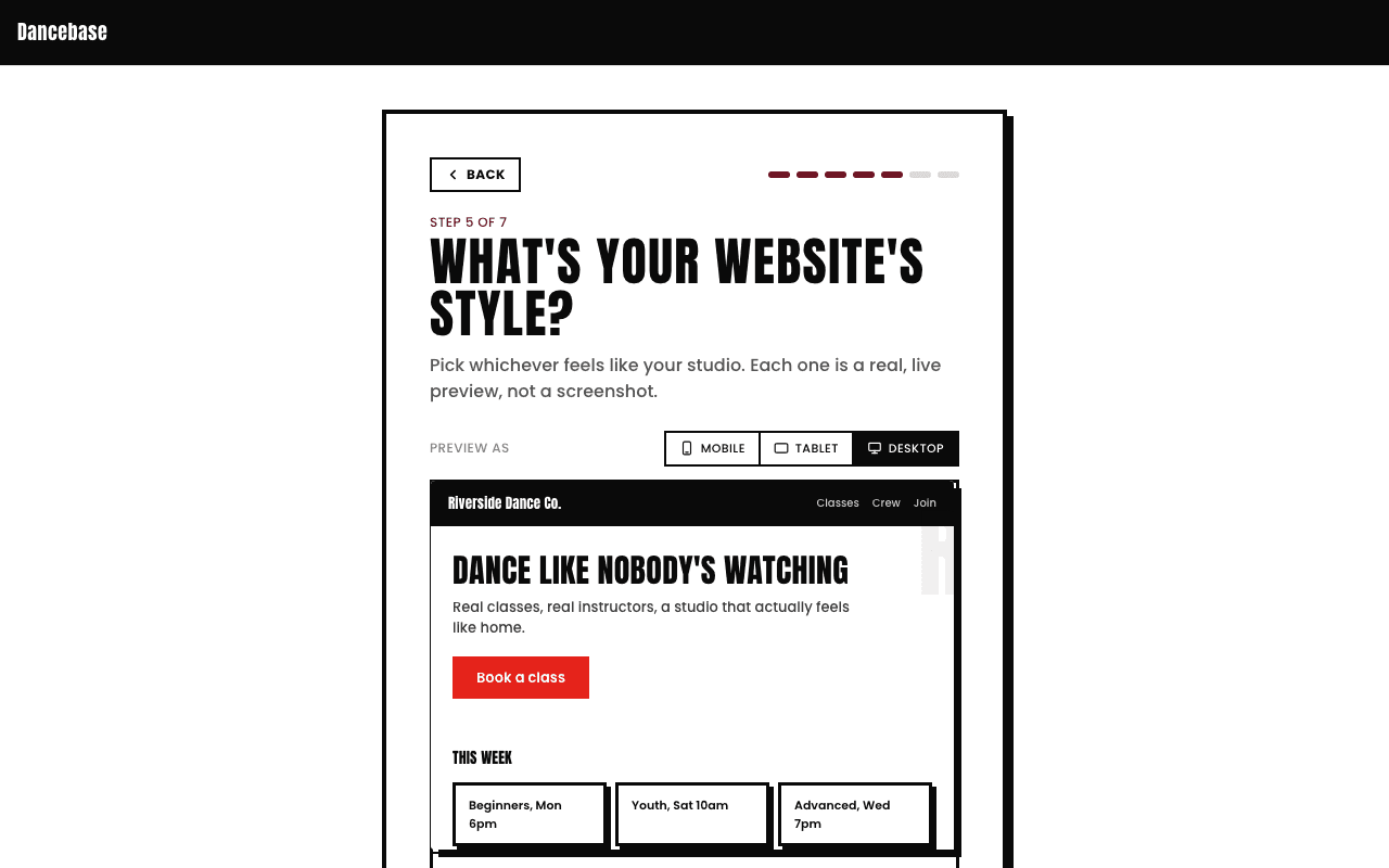 Signup wizard style step, 'What's your website's style?', showing a live desktop preview of the Neo-Brutalist theme on a demo studio site with a Mobile/Tablet/Desktop preview toggle