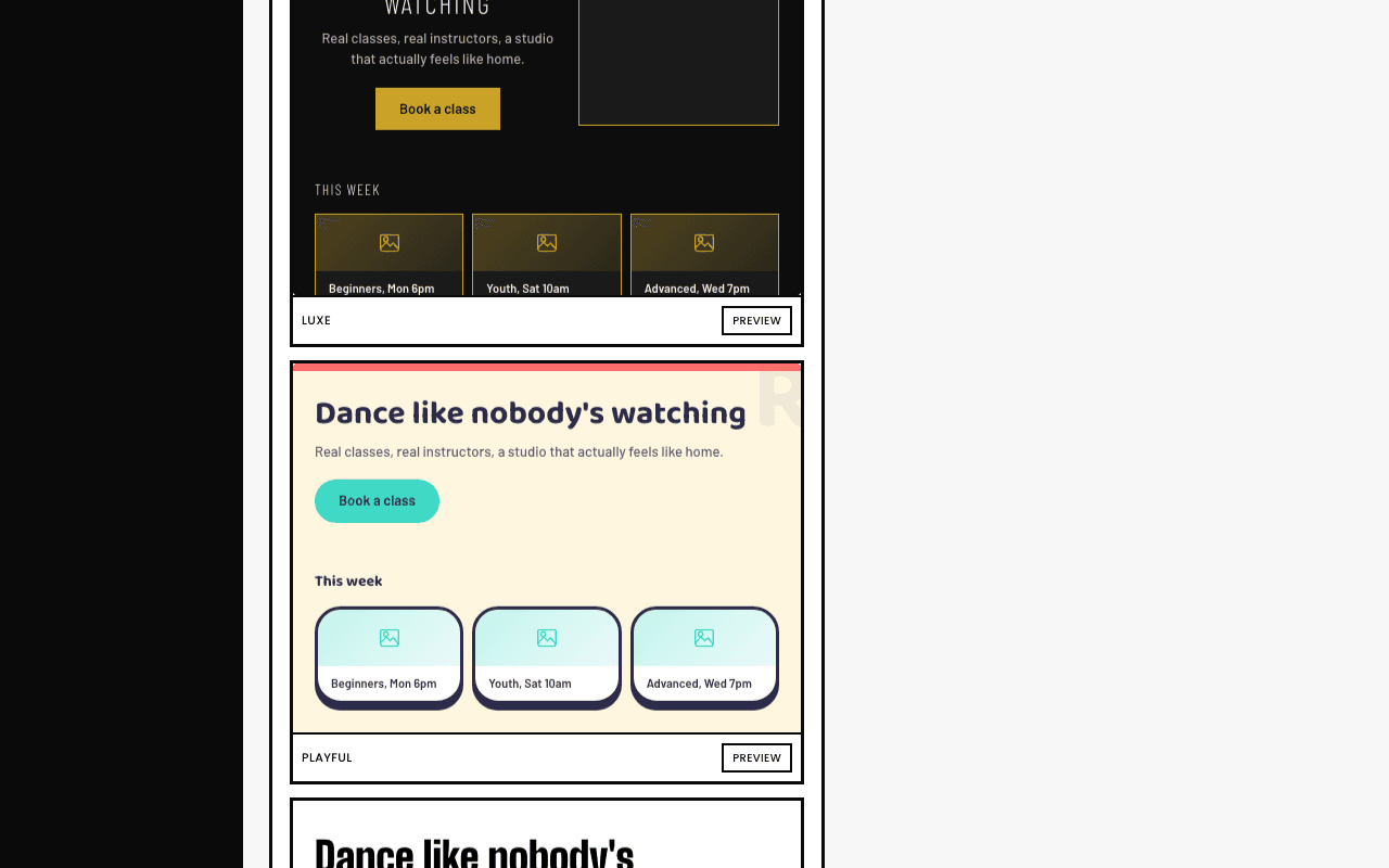 Two more live style previews further down the Settings page: Luxe, a near-black theme with gold accents, and Playful, a bright cream theme with a coral nav bar and rounded cards