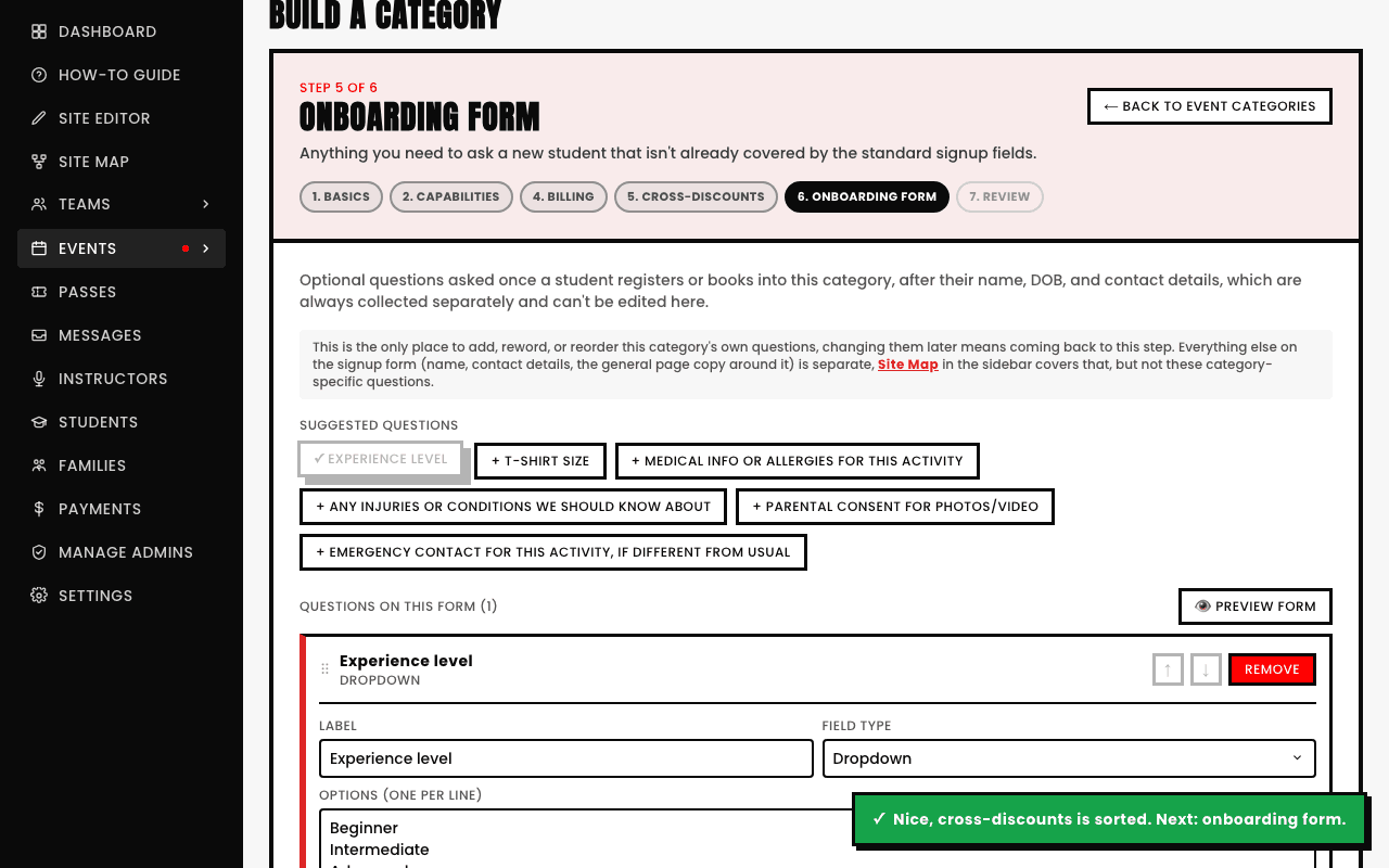 Experience level added as a dropdown question with Beginner, Intermediate, Advanced options, up/down reorder controls, and a Preview Form button