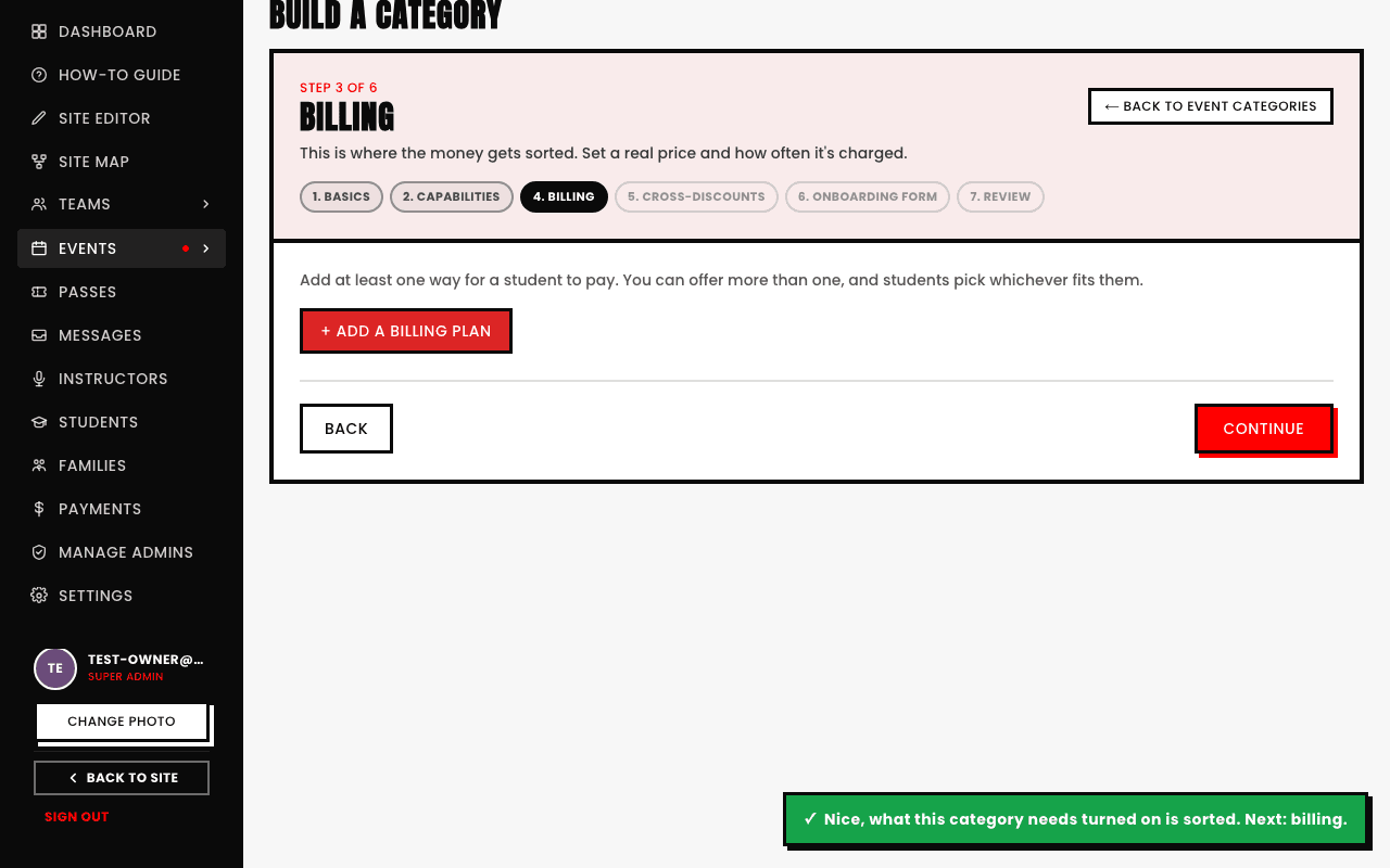 The category builder's Billing step, empty, with a '+ Add a billing plan' button