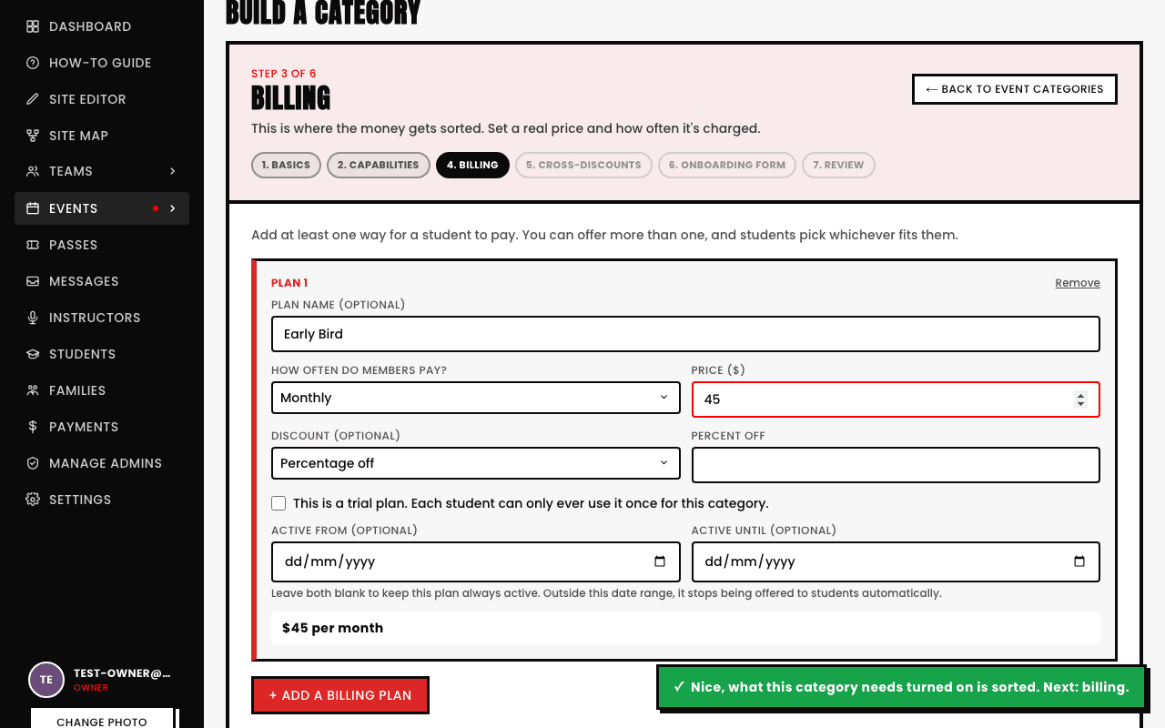 A billing plan named 'Early Bird', set to Monthly cadence, $45 price, with Percentage off discount selected, showing a live price line reading '$45 per month'