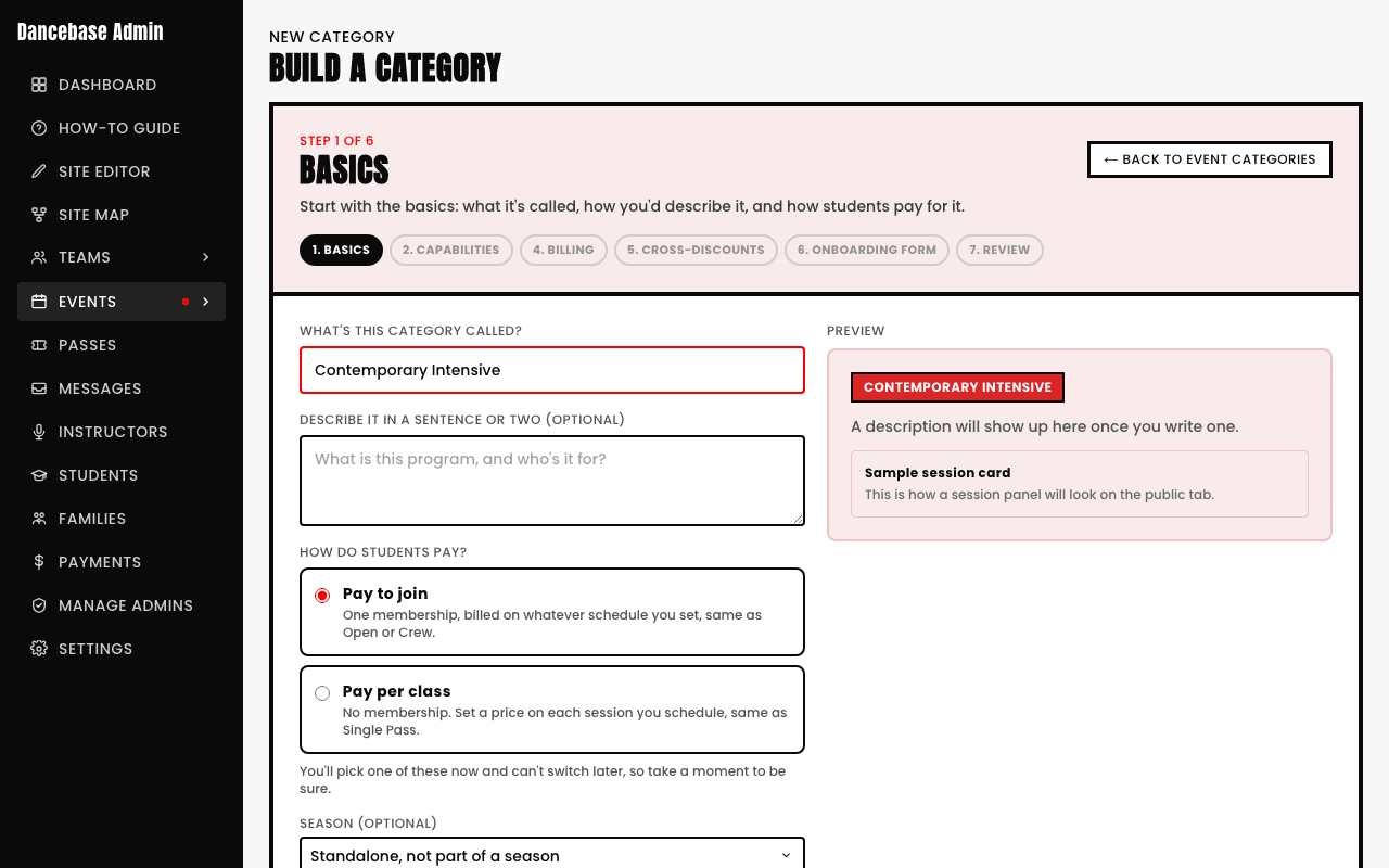 The New Category builder's first step, Basics, showing fields for the category name, a description, and a choice between Pay to join and Pay per class billing, with a live preview panel on the right