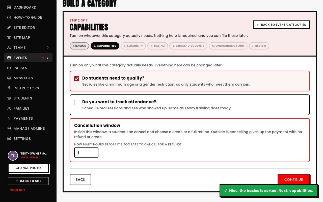 The category builder's Capabilities step with 'Do students need to qualify?' toggled on, showing the step count change to Step 2 of 7 and the Eligibility tab appearing