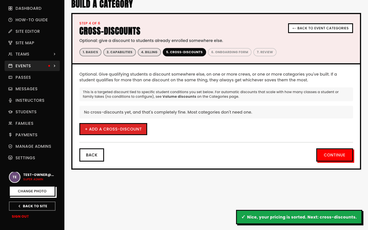 The category builder's Cross-Discounts step, showing 'No cross-discounts yet, and that's completely fine' with a '+ Add a cross-discount' button, and a note pointing to Volume discounts on the Categories page
