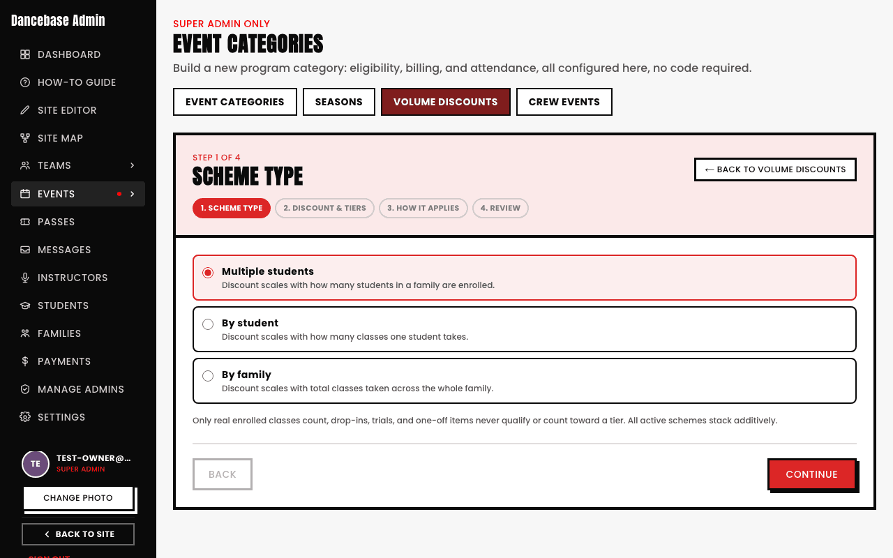 Step 1 of the New Discount Scheme wizard, 'Scheme type', with three options: Multiple students, By student, and By family