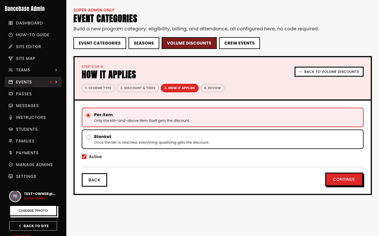 Step 3 of the New Discount Scheme wizard, 'How it applies', with two options: Per item (only the Nth-and-above item gets the discount) and Blanket (once the tier is reached, everything qualifying gets the discount)