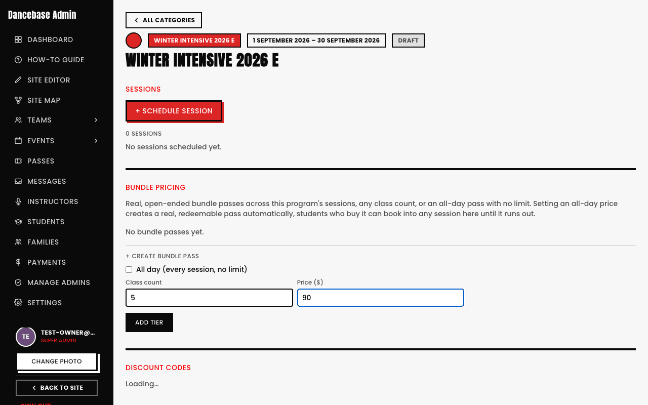 The Bundle Pricing panel on a season's own page, with Class count and Price fields filled in as 5 and 90, an All day checkbox, and an Add Tier button