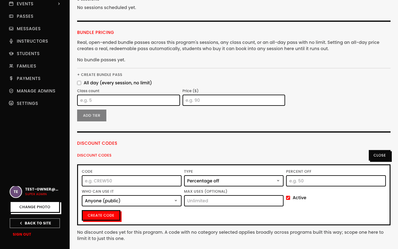 The Discount Codes panel showing fields for Code, Type (Percentage off), Percent off, Who can use it (Anyone public), Max uses (optional), Active checkbox, and a Create Code button