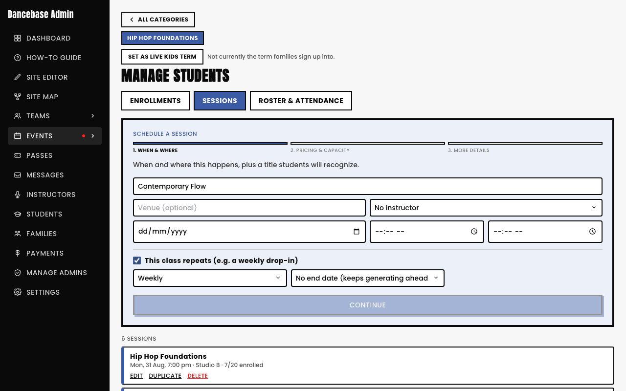 Step 1, When & Where, of the schedule session form, with the recurrence toggle checked, Weekly recurrence, and 'No end date' selected, plus a real list of existing recurring sessions below