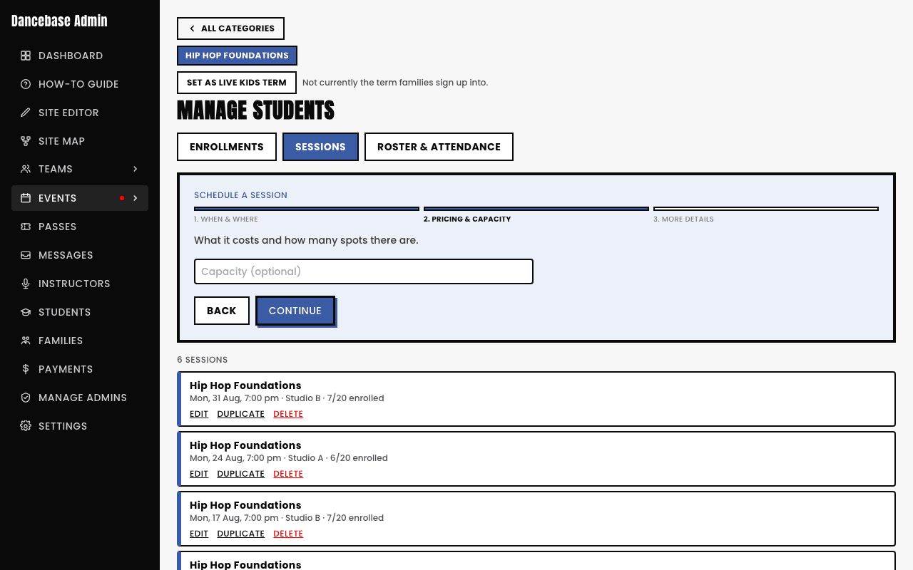 Step 2, Pricing & Capacity, of the schedule session form, with a Capacity (optional) field for a Pay to join category
