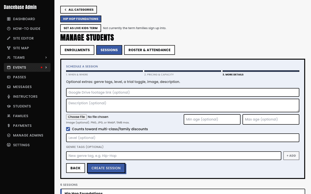 Step 3, More details, of the schedule session form, showing a Google Drive footage link field, description, image upload, min/max age fields, a multi-class discount checkbox, and genre tags