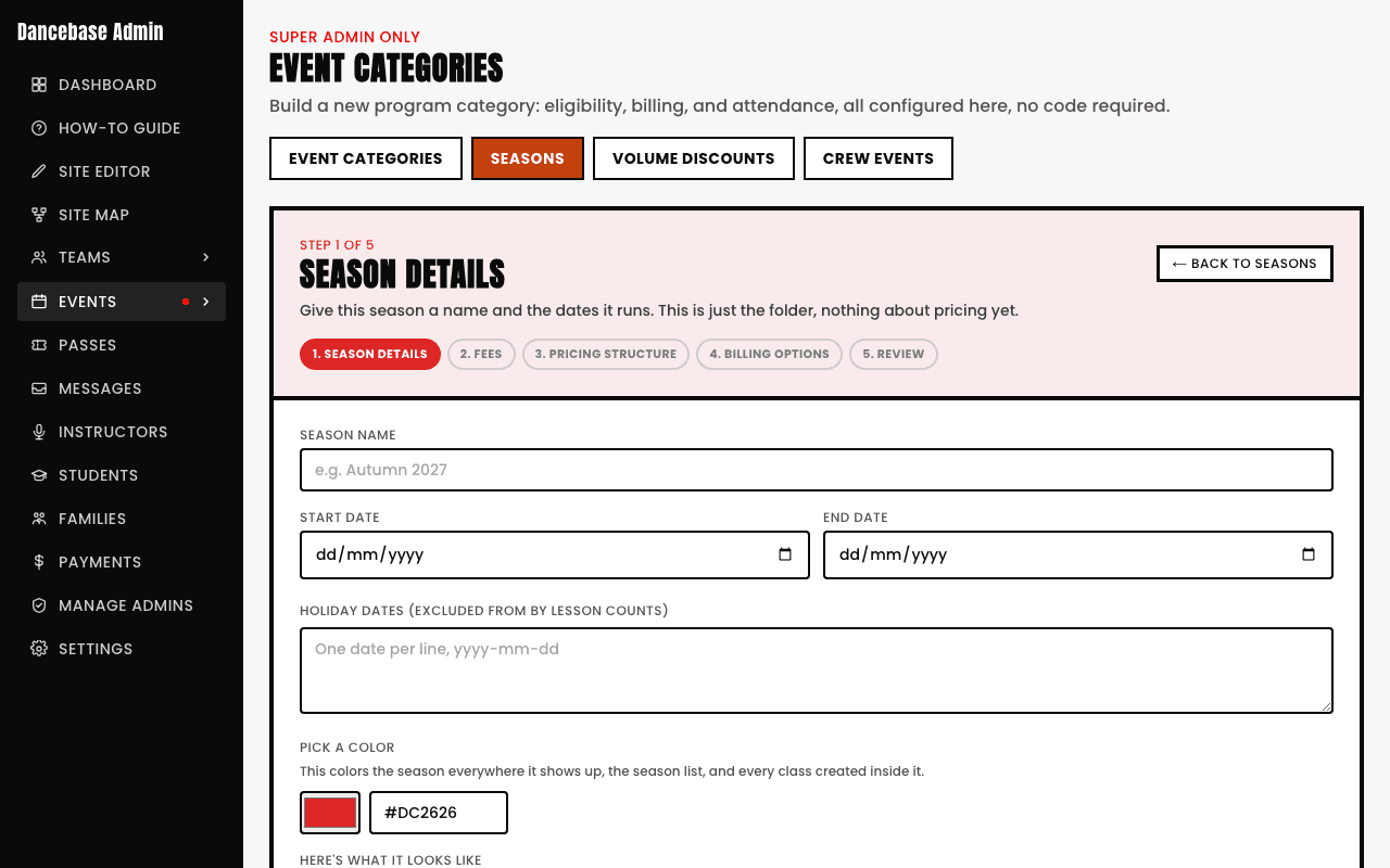 Step 1 of the Season Wizard, Season details, with fields for season name, start date, end date, holiday dates, and a color picker
