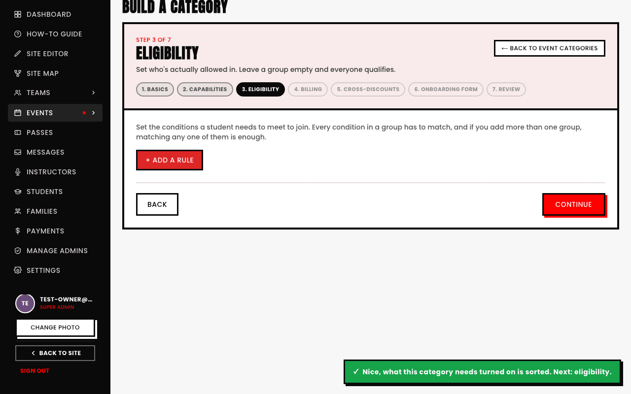 The category builder's Eligibility step, empty, with an '+ Add a rule' button and explanatory text: 'Set who's actually allowed in. Leave a group empty and everyone qualifies.'