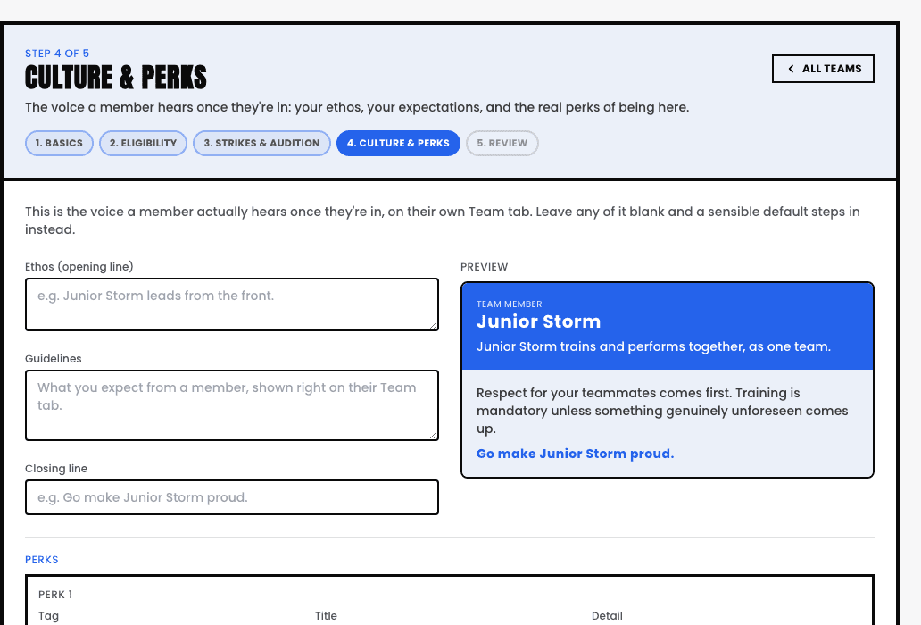 The team builder's Culture & Perks step, empty, with fields for Ethos (opening line), Guidelines, Closing line, and a live Preview panel