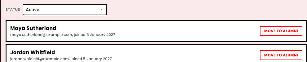 A team's member list filtered to Active status, showing two real members, Maya Sutherland and Jordan Whitfield, each with their join date and a Move to Alumni button