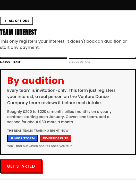 The public Team Interest signup step, 'By audition', listing the real teams training right now, Junior Storm and Riverside Elite, with pricing roughly $200 to $220 a month