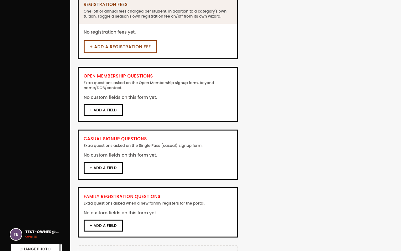 Studio Settings showing three separate custom-field panels for three of the studio's own signup forms, each with its own '+ Add a Field' button