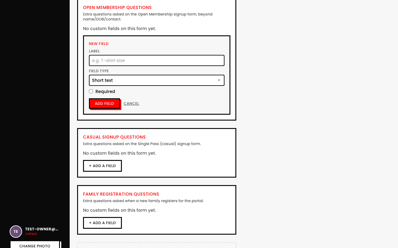 A New Field form with a Label input, a Field Type dropdown defaulted to Short text, a Required checkbox, and Add Field / Cancel buttons