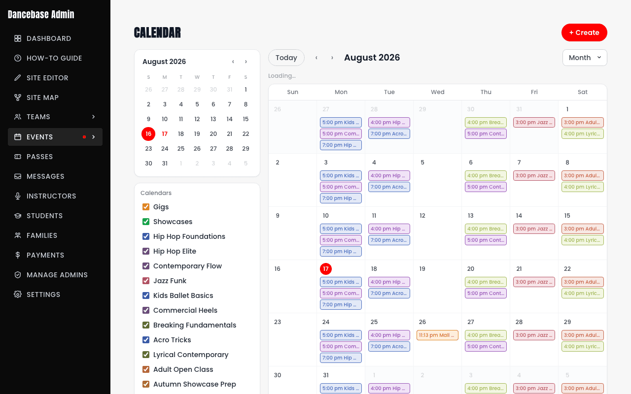 The calendar's Month view, with Gigs and Showcases listed as their own toggleable entries in the Calendars sidebar, alongside every regular category