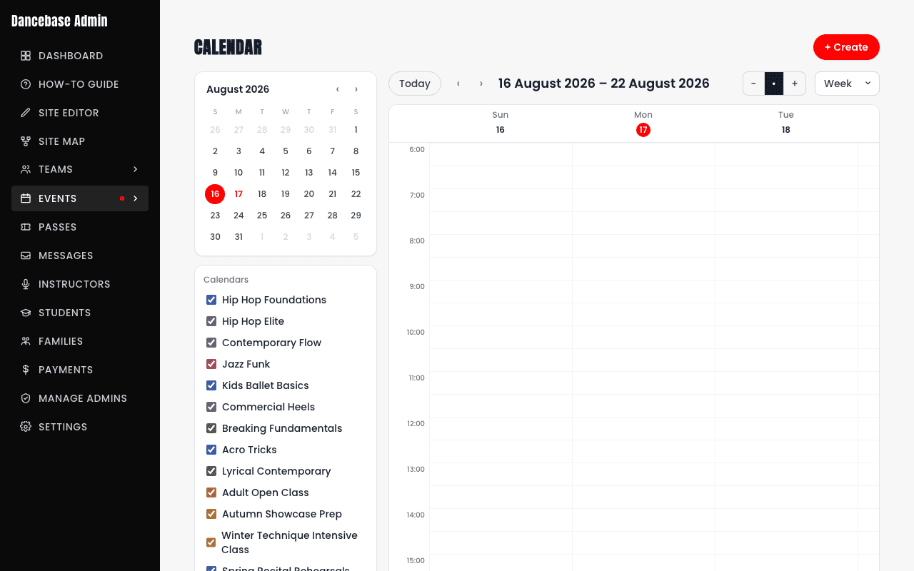 Calendar view in the Dancebase admin panel showing a week grid alongside a mini month picker and a color-coded list of every category as a toggleable calendar